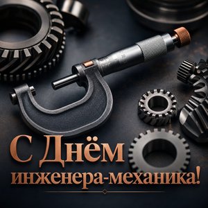 Открытка на День инженера-механика с микрометром и шестернями