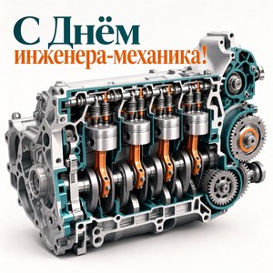 Открытка на День инженера-механика с разрезом двигателя