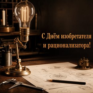 Открытка на День изобретателя и рационализатора с лампой идеи и эскизами