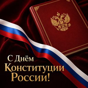 Открытка на День Конституции России с красной книгой и лентой