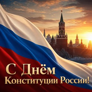 Открытка на День Конституции России с Кремлём и флагом