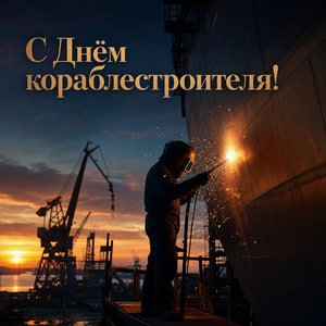 Открытка на День кораблестроителя со сварщиком у корпуса корабля