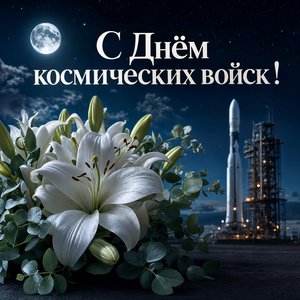 Открытка на День космических войск с лилиями и ракетой