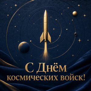 Открытка на День космических войск с золотой ракетой
