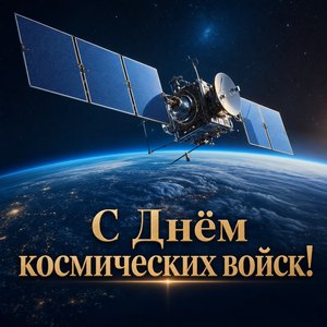 Открытка на День космических войск со спутником над Землёй