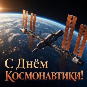 Открытка на День космонавтики с космической станцией