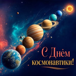 Открытка на День космонавтики с планетами Солнечной системы