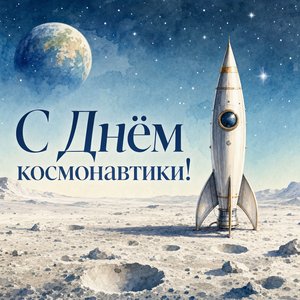Открытка на День космонавтики с ракетой на Луне