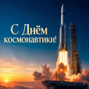 Открытка на День космонавтики с ракетой на старте