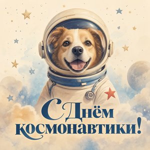 Открытка на День космонавтики с собакой в скафандре