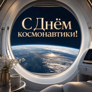 Открытка на День космонавтики с видом на Землю из иллюминатора