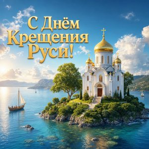 Открытка на День Крещения Руси с миниатюрным православным храмом