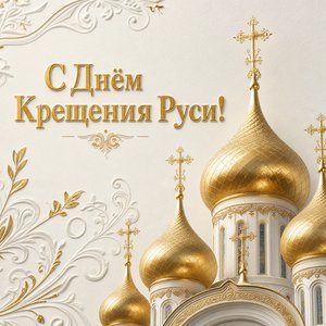 Открытка на День Крещения Руси с золотыми куполами храма