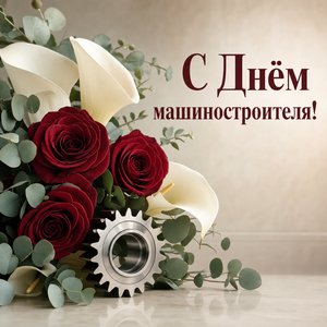 Открытка на День машиностроителя с букетом и шестернёй