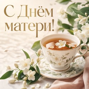 Открытка на День матери с чашкой чая и цветами