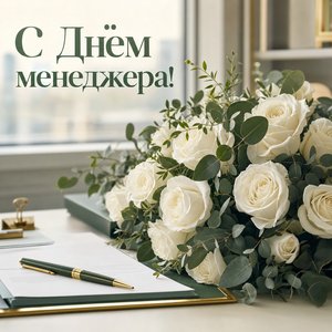 Открытка на День менеджера с букетом белых роз