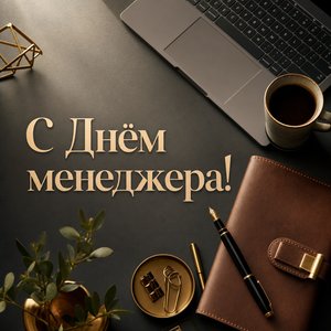 Открытка на День менеджера с ноутбуком и кофе