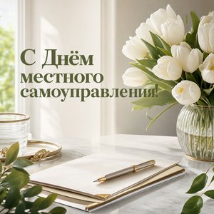 Открытка на День местного самоуправления с белыми тюльпанами и документами