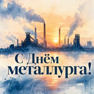 Открытка на День металлурга с заводом на рассвете