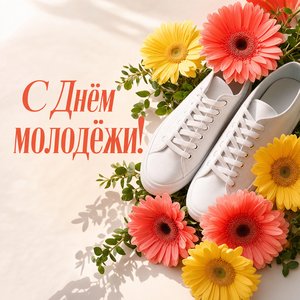 Открытка на День молодёжи с кроссовками и герберами