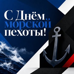 Открытка на День морской пехоты с графическим якорем и волнами