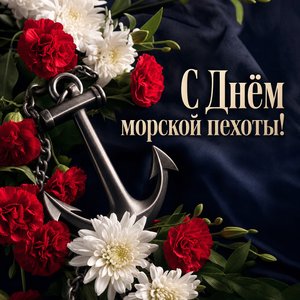 Открытка на День морской пехоты с гвоздиками и якорем