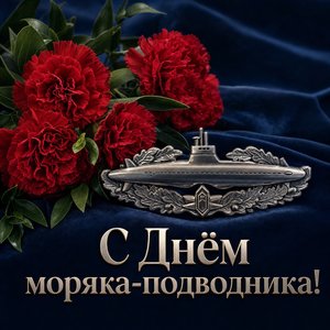 Открытка на День моряка-подводника с красными гвоздиками и эмблемой