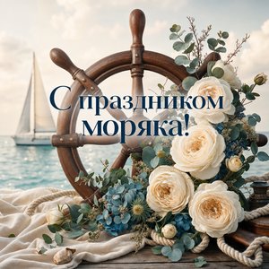 Открытка на День моряка со штурвалом и белыми цветами