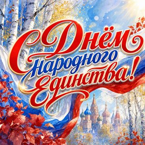 Открытка на День народного единства с берёзами и лентой