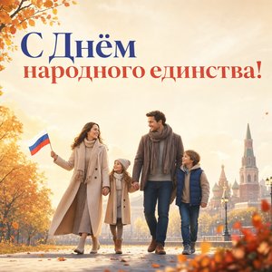 Открытка на День народного единства с семьёй и флажком