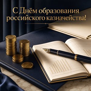 Открытка на День образования российского казначейства с перьевой ручкой и монетами
