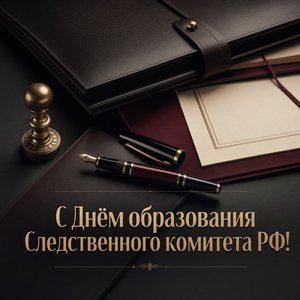 Открытка на День образования Следственного комитета Российской Федерации с кожаной папкой дела и ручкой