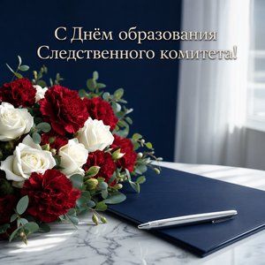 Открытка на День образования Следственного комитета Российской Федерации с красными гвоздиками и белыми розами