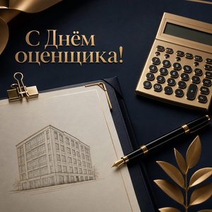 Открытка на День оценщика с калькулятором и перьевой ручкой