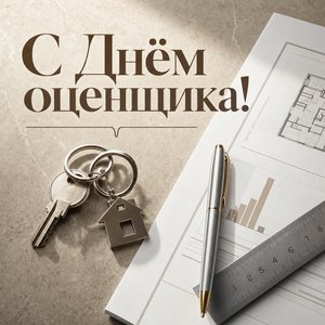 Открытка на День оценщика с ключами и отчётом об оценке