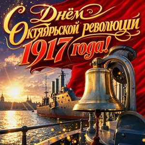 Открытка на День Октябрьской революции 1917 года с корабельным колоколом