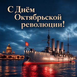 Открытка на День Октябрьской революции 1917 года с крейсером «Аврора»