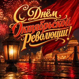 Открытка на День Октябрьской революции 1917 года с петроградским фонарём