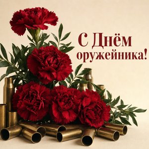 Открытка на День оружейника с гвоздиками и латунными гильзами