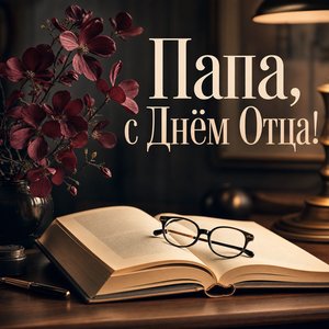 Открытка на День Отца с книгой и очками