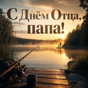 Открытка на День Отца с удочкой у озера