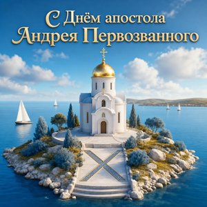 Открытка на День памяти апостола Андрея Первозванного с православным храмом на острове
