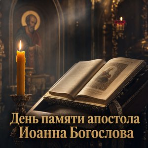 Открытка на День памяти апостола и евангелиста Иоанна Богослова со свечой и Евангелием