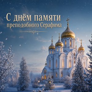 Открытка на День памяти преподобного Серафима Саровского с белым храмом в снегу