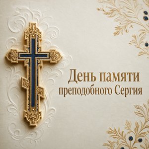 Открытка на День памяти преподобного Сергия Радонежского с золотым православным крестом
