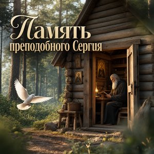 Открытка на День памяти преподобного Сергия Радонежского с деревянной кельей в лесу