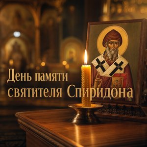 Открытка на День памяти святителя Спиридона Тримифунтского с восковой свечой и иконой