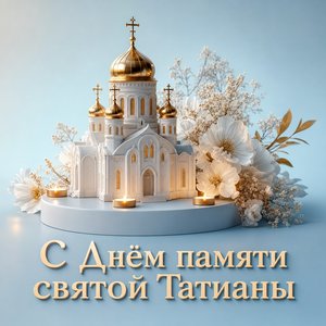 Открытка на День памяти святой мученицы Татианы с миниатюрным белым храмом