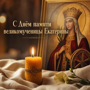 Открытка на День памяти великомученицы Екатерины с горящей свечой и образом святой