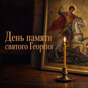 Открытка на День памяти великомученика Георгия Победоносца с церковной свечой и иконой
